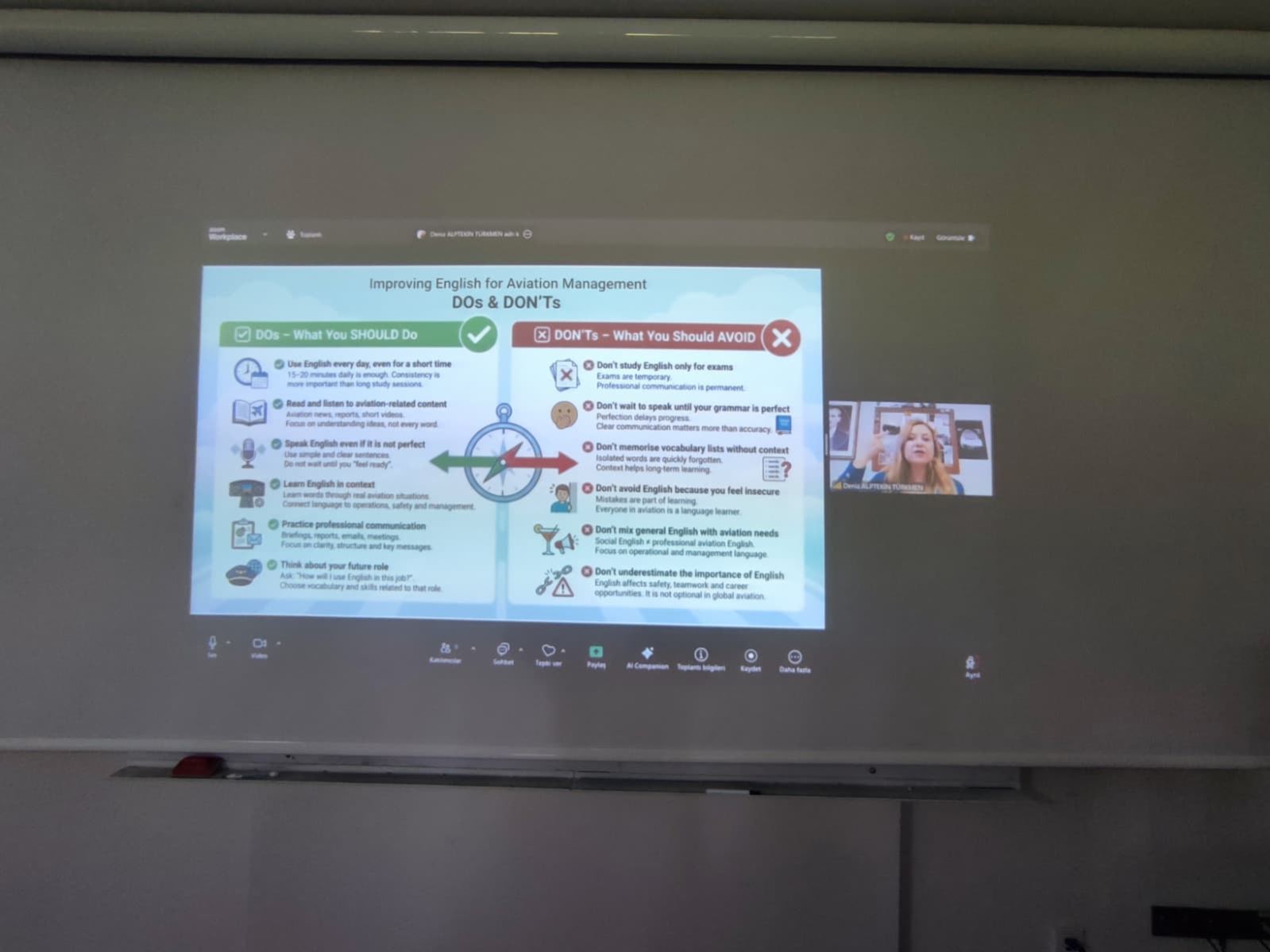 A presentation slide titled 'Improving English for Aviation Management: DOs & DON'Ts' on the projection screen, with the video feed of speaker Deniz Türkmen in the right corner